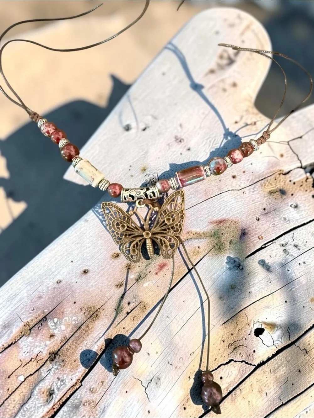 Boho Butterfly & Beaded Layered Necklaces - Brown & Red